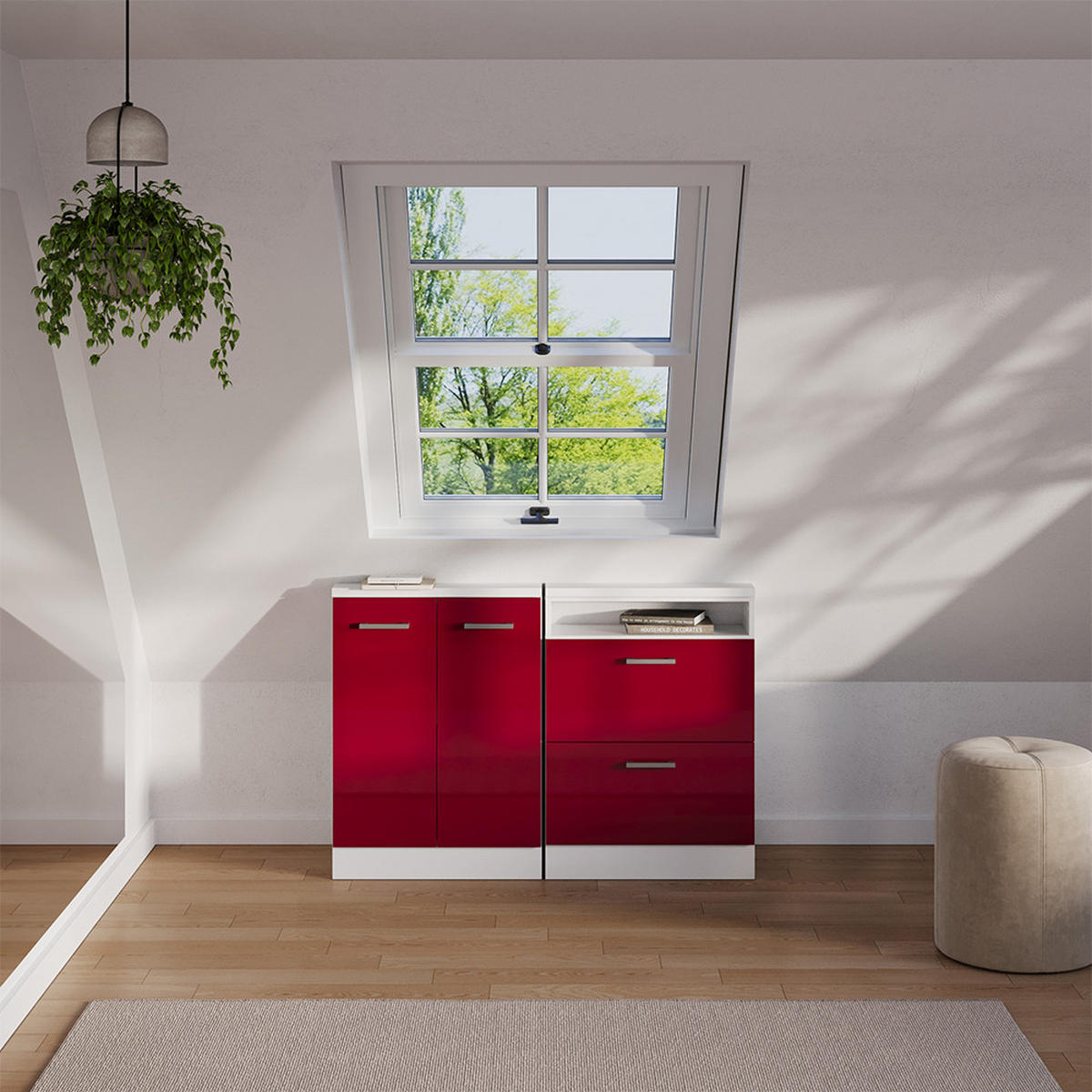 DACHSCHRÄGENSCHRANK Rion Bordeaux Hochglanz/Weiß mit 2 Schubladen - Bordeaux/Weiß, Holzwerkstoff (60/81.6/46cm) - Vicco