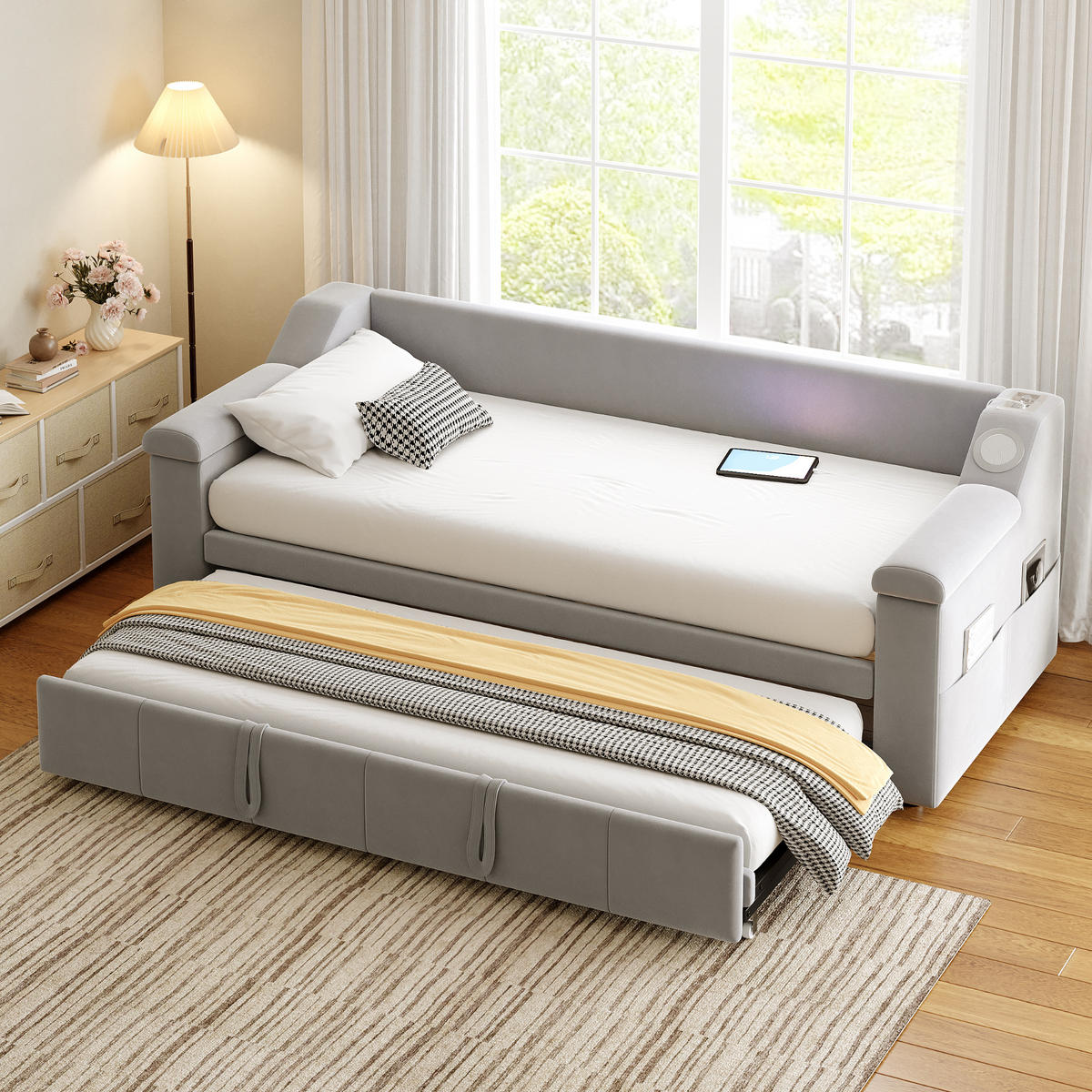POLSTERBETT 90/180x190 cm Bluetooth USB hellgrau - Grau, Textil (180/190cm) - LEBENLANG