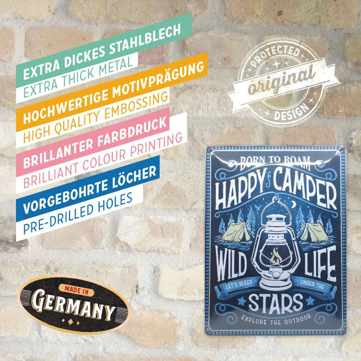 BLECHSCHILD 30/40 cm Outdoor & Activities Happy Camper - Multicolor, Metall (30/40/0.2cm) - Nostalgic-Art