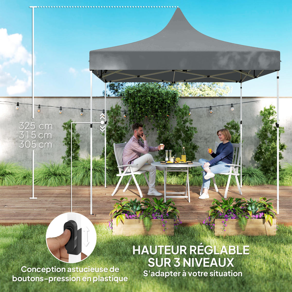 PAVILLON DE-14028 3/3 m, 4 abnehmbare Seitenwände, 3 Fenster, höhenverstellbar Grau - Grau, Textil (290/325/290cm) - ComfortXL