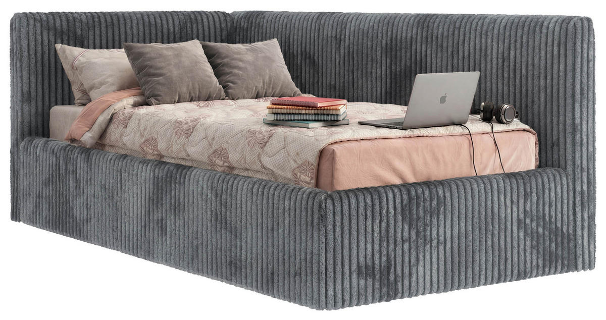 POLSTERBETT TILVO 90/200 - Grau Cord - Ohne Matratze - Links - Grau, Textil (90/200cm) - MKS