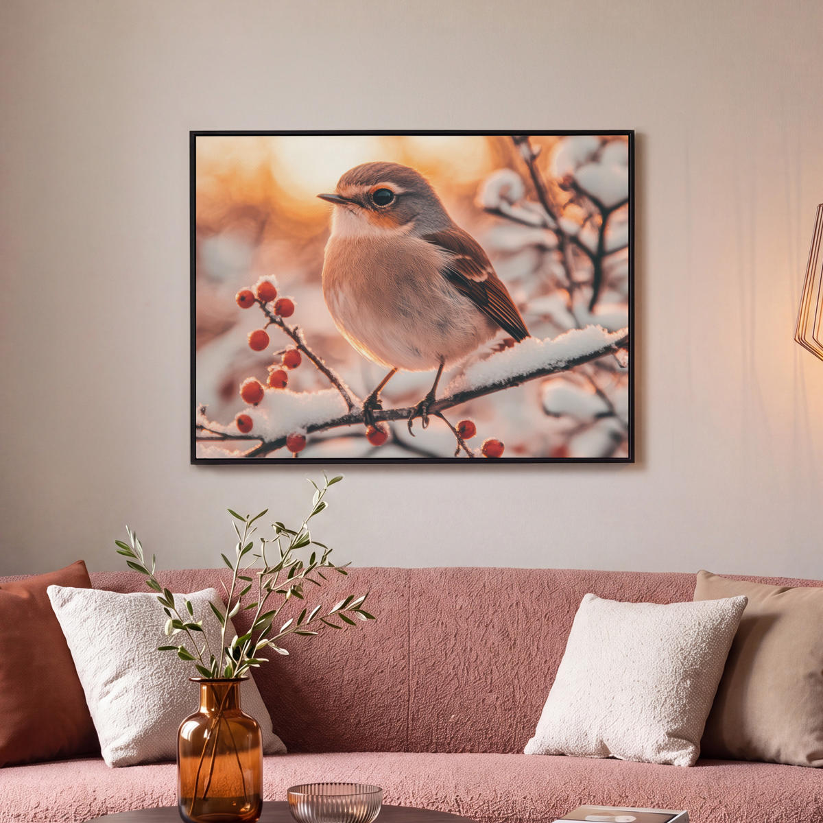 LEINWAND Bilder mit Rahmen - Vogel - Zweig - Winter - Tiere - Schnee - 80x60 - Bernsteinfarben, Textil (80/60cm) - MuchoWow