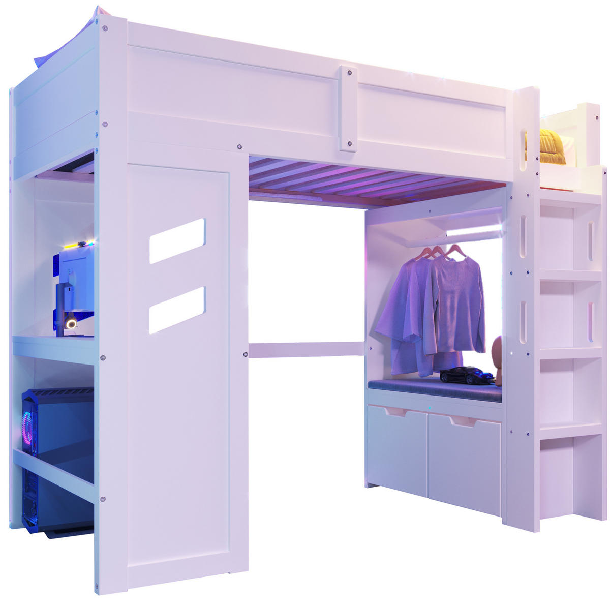 VYSOKÁ posteľ 90/200 cm biela z borovice a MDF s písacím stolom LED osvetlením a zásuvkami - biela, drevo (90/200cm) - OKWISH