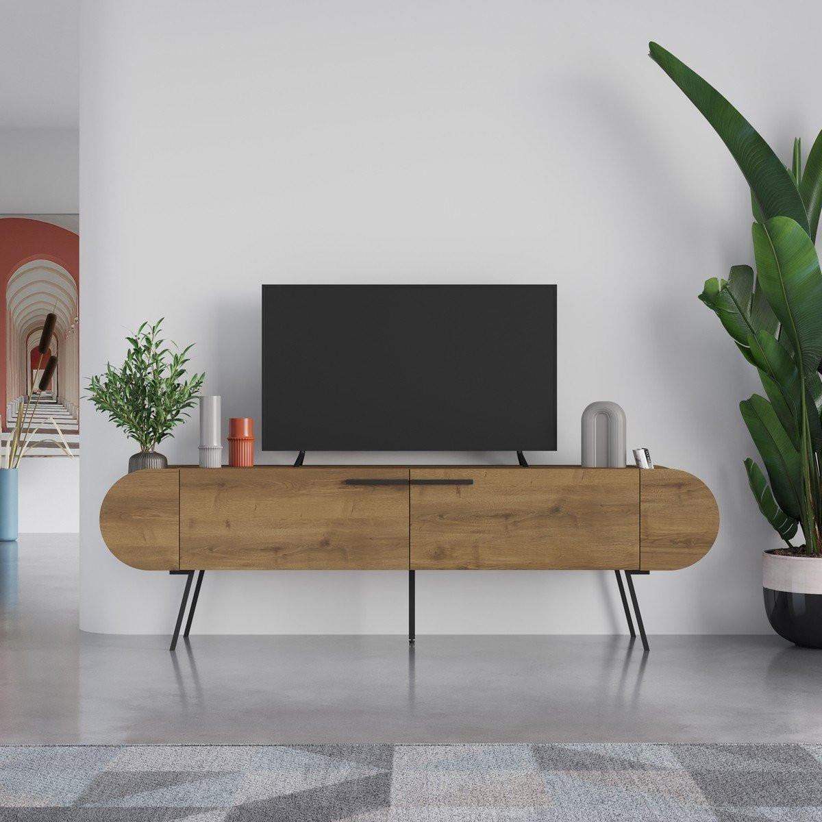 TV stolek SALUSO se 2 dveřmi a kovovými nohami, šířka 194,5 cm - ořechová, kompozitní dřevo (37.6/57.7/194.5cm) - Calicosy