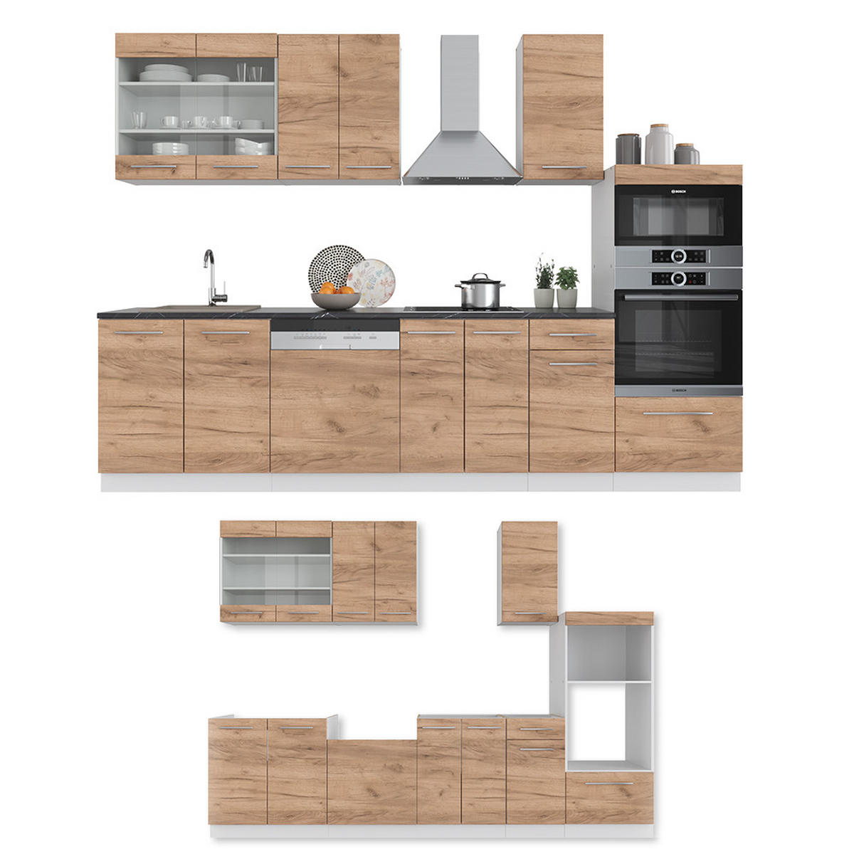 KÜCHENZEILE Fame-Line Goldkraft Eiche/Weiß 300 cm mit Hochschrank ohne AP - Eiche Wotan/Weiß, Holzwerkstoff (300/81.6/46cm) - Vicco