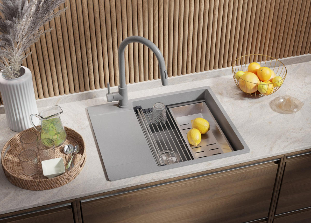 GRANITSPÜLE San Francisco, 2-er set Grau 62/50 cm 1 Becken + Küchenarmatur 32/20 cm + Ablauf-Set + Aufrollbare Abtropffläche ab 50er Unterschrank - Chromfarben/Grau, Kunststoff (62/20/50cm) - Primagran