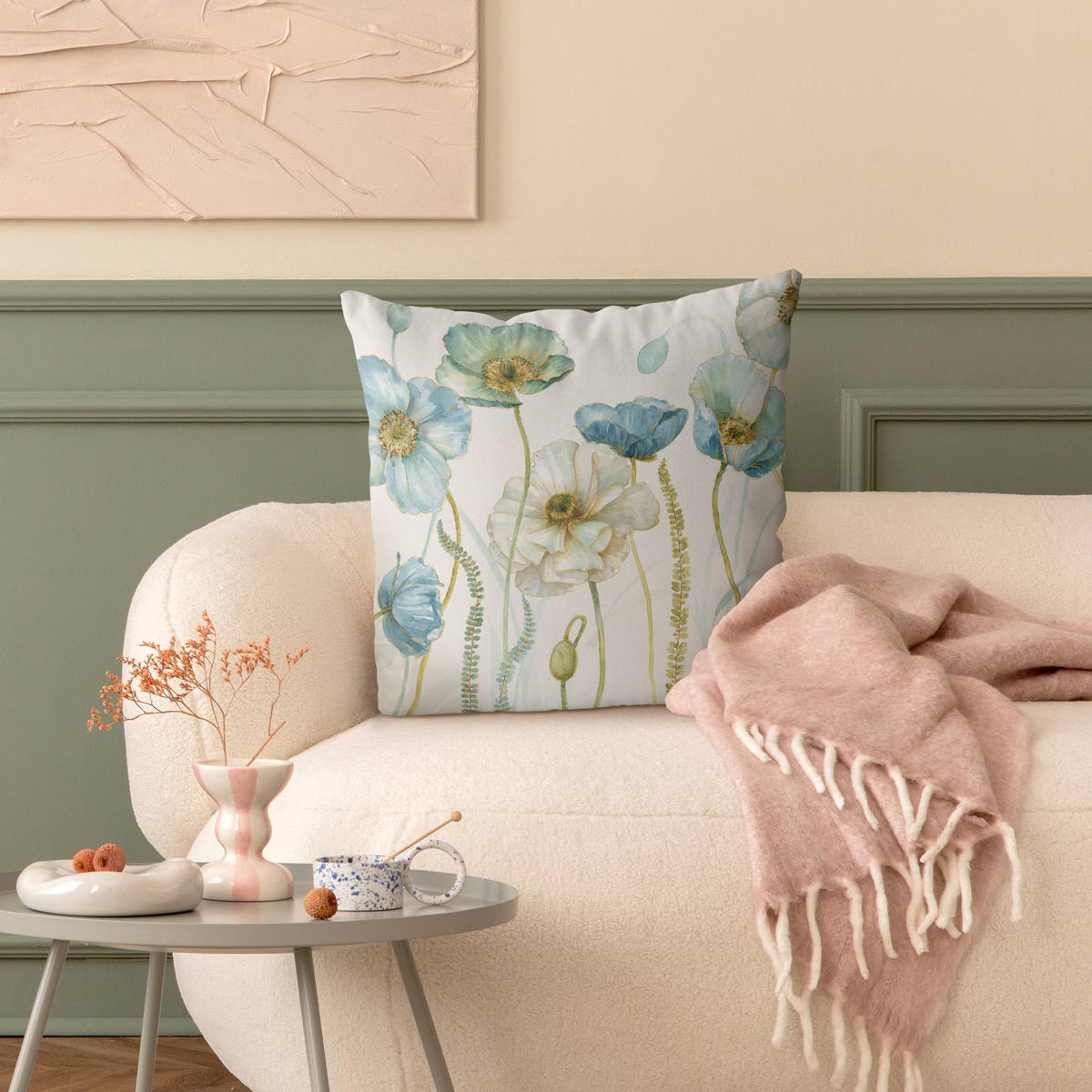 KISSENBEZUG Blüten in Gold und Blau 50/50 cm - Blau, Textil (50/50cm) - Bilderwelten