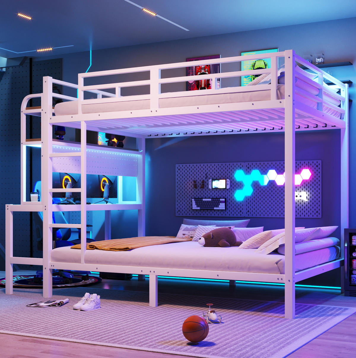 ETAGENBETT 140/200 cm aus Metall mit Schreibtisch, LED-Lichtleiste und USB-Anschluss Weiß - Weiß, Metall (140/200cm) - Modenvie