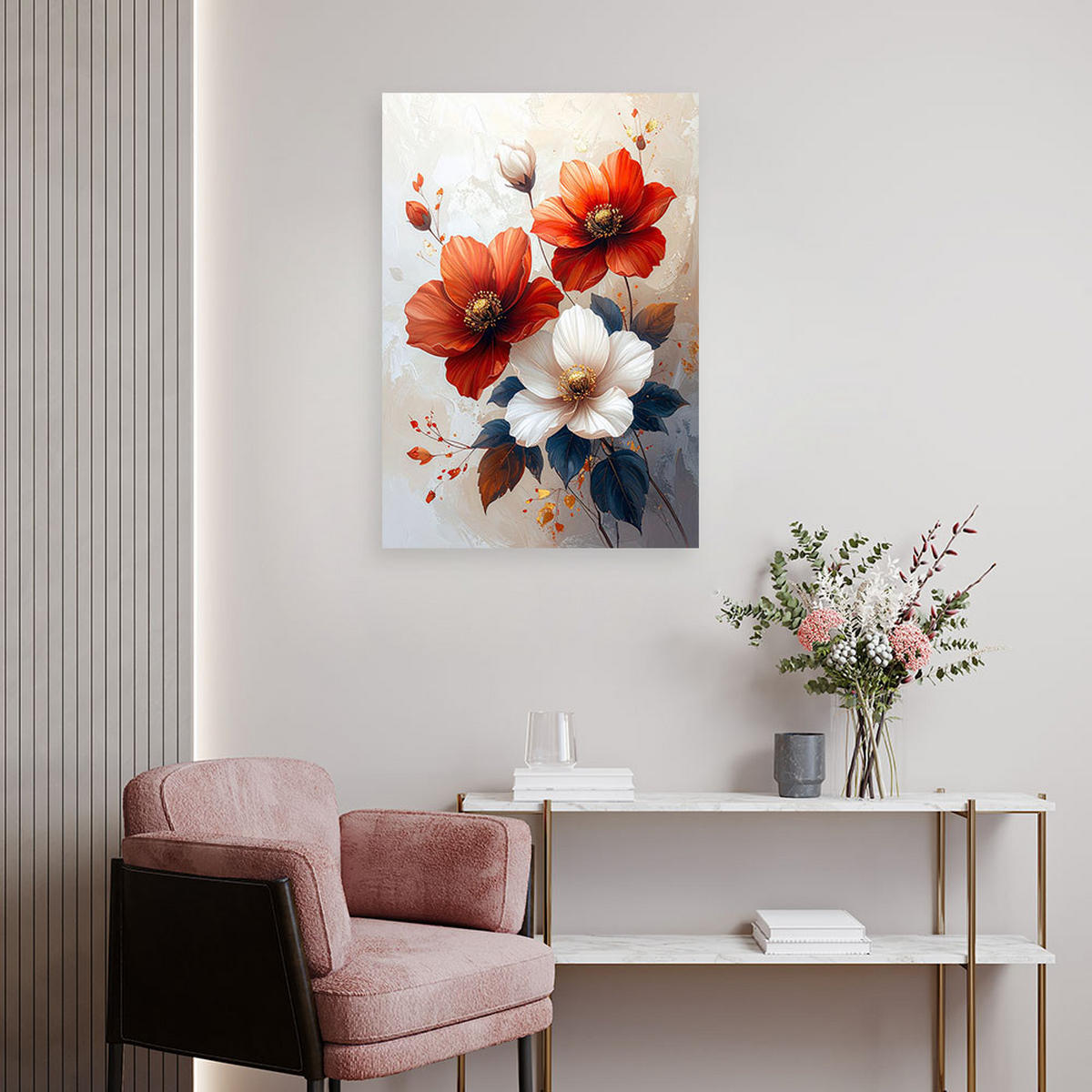 WANDBILD, Rote und weiße Blumen mit zarten Farbflecken - Rot, Textil (40/60cm) - Feeby