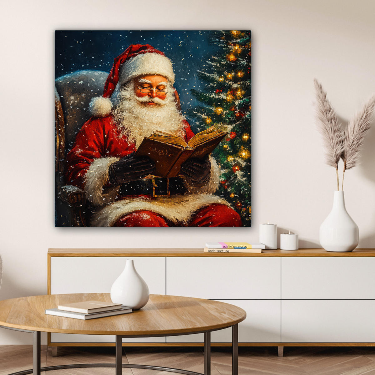 LEINWANDBILD Weihnachtsmann - Weihnachten - Winter - Weihnachtsbaum Deko Groß 90x90 cm - Bordeaux, Textil (90/90cm) - MuchoWow