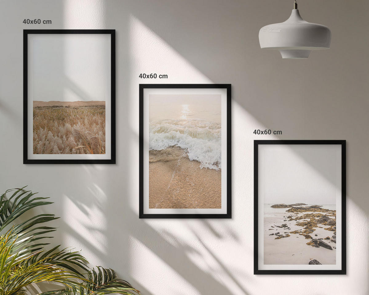 WANDBILDER 3er-Set - 40x60 cm Schwarzer Rahmen - Strandwellen, Steine, Sommer - Schwarz, Kunststoff (40/60cm) - ArtPrintCave