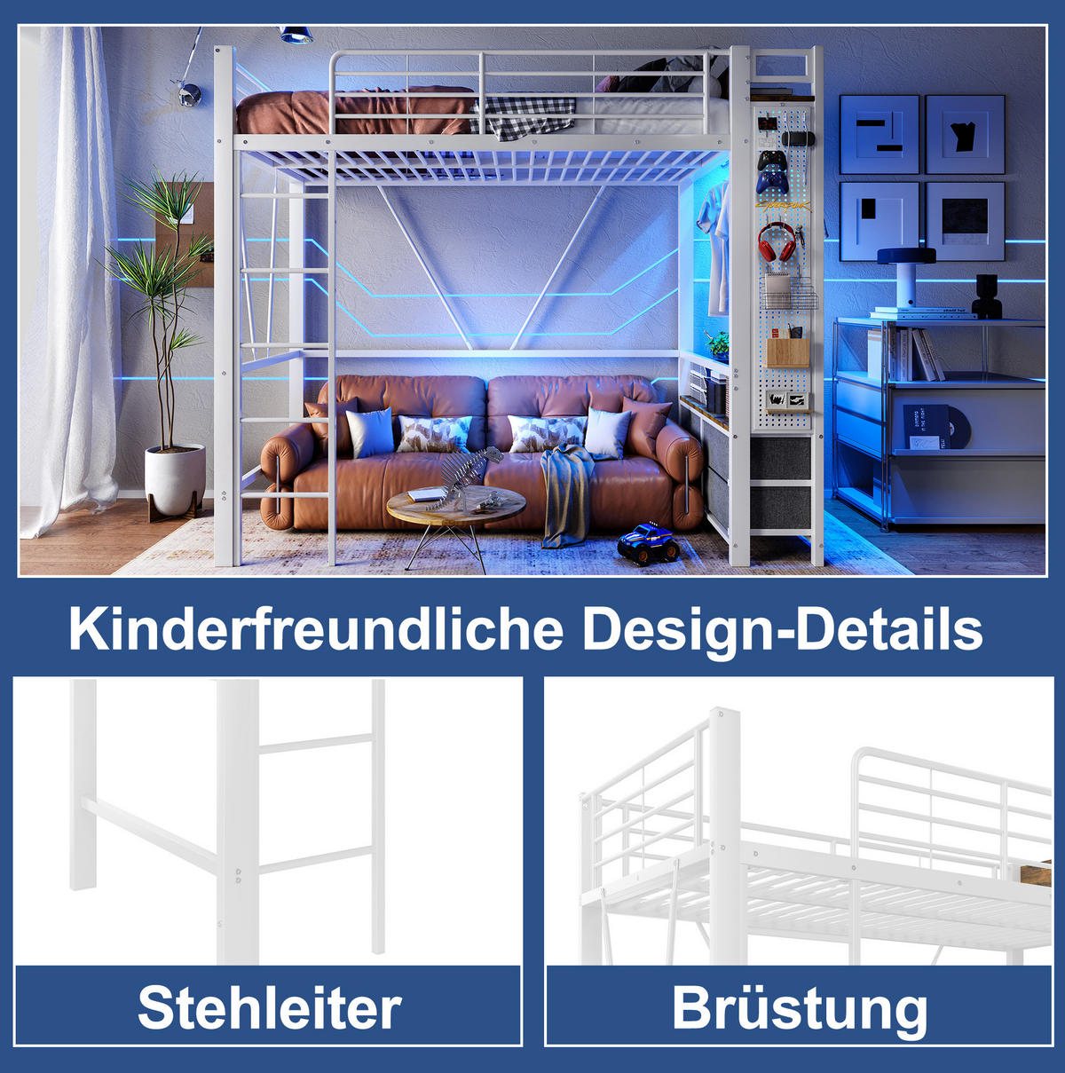 HOCHBETT 90/200 cm in Weiß – mit Stauraum, LED, Leiter und Rausfallschutz - Weiß, Metall (90/200cm) - BEAOK