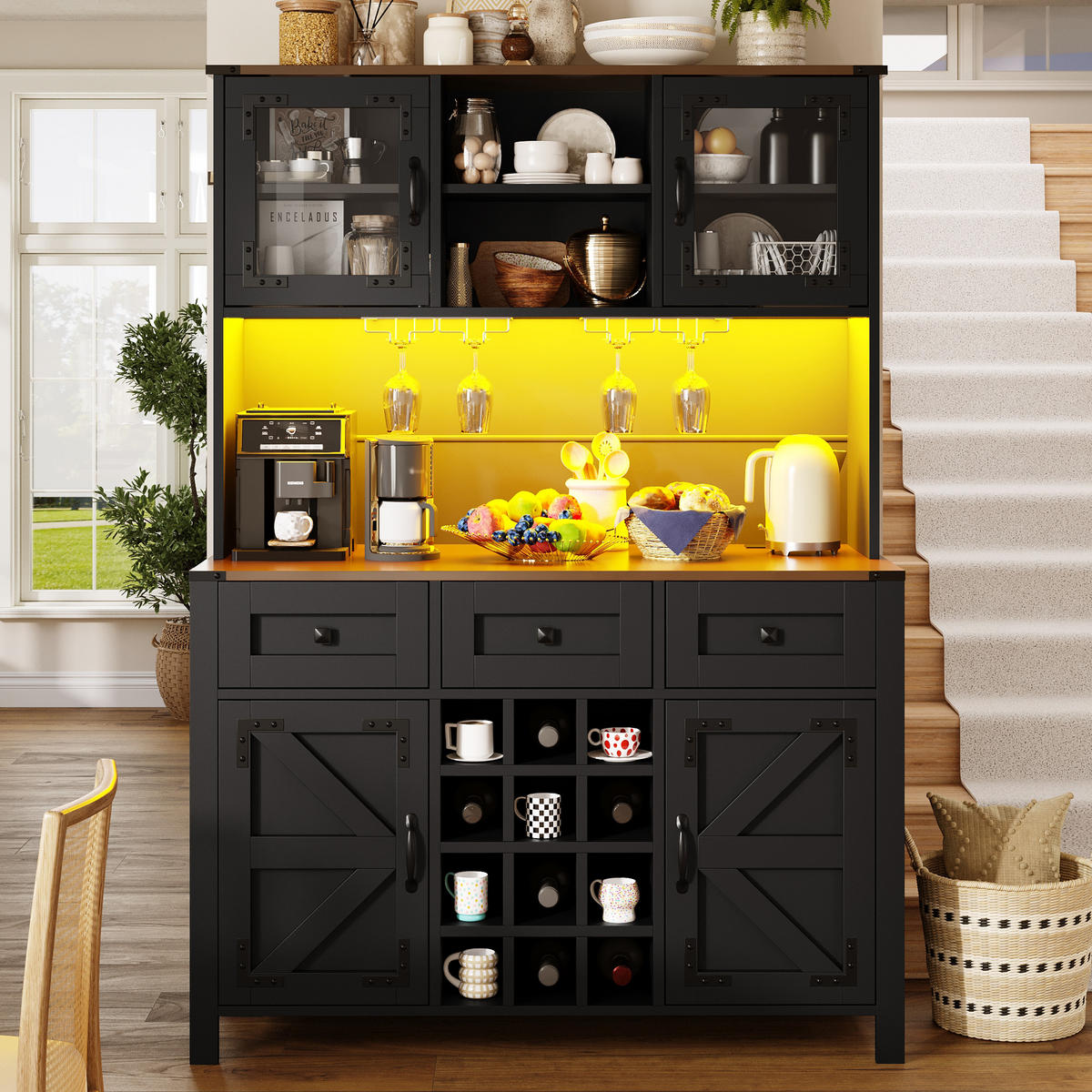 HIGHBOARD in Schwarz Küchenschrank mit LED-Lichtleiste und Schubladen für Küche und Wohnzimmer, B120/T40/H170 cm - Schwarz, Glas/Holzwerkstoff (120/70/40cm) - STILVORA
