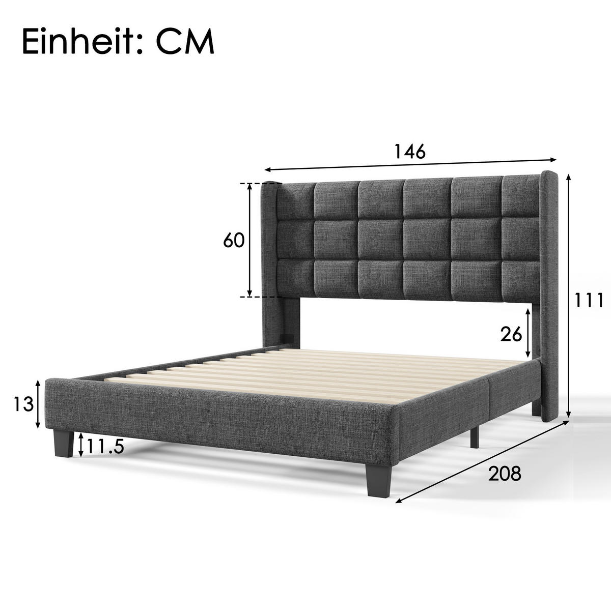 ČALÚNENÁ posteľ 140/200 cm s lamelovým roštom, vysokým čalúneným čelom a stabilnou oceľovou konštrukciou, Sivá - sivá, textil (140/200cm) - Redom