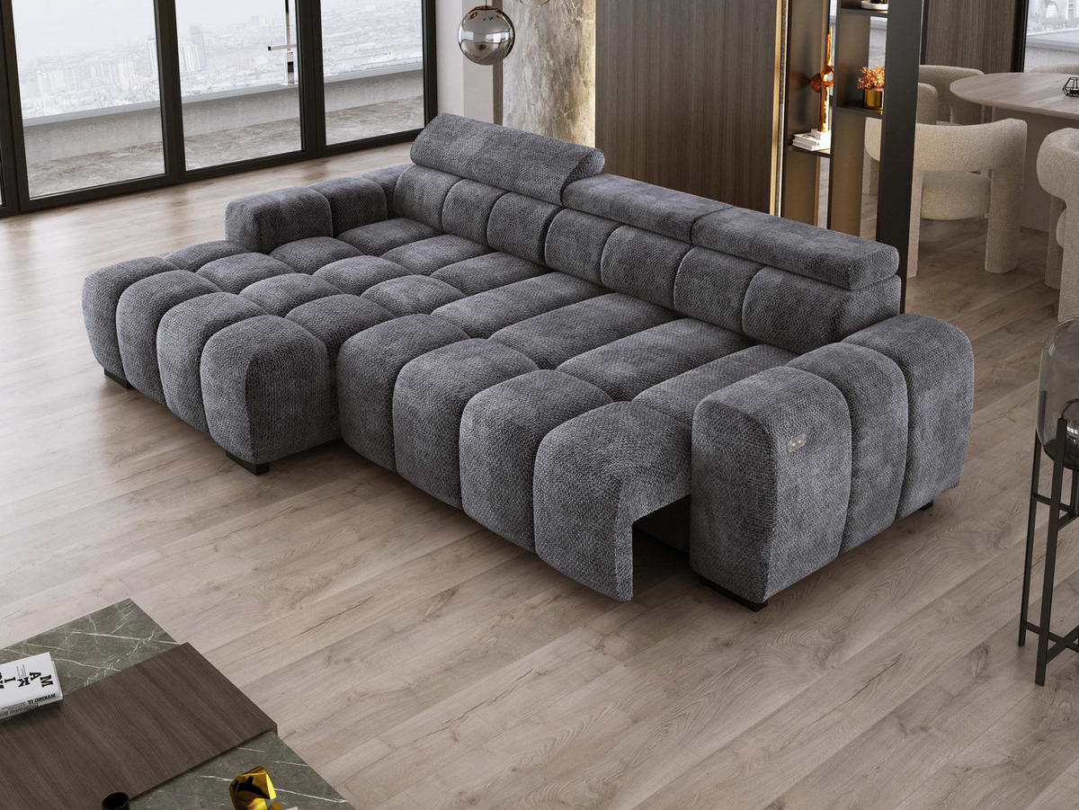 ECKSOFA OMBO 285x168x77/97 cm, Links, Schlaffunktion, elektr. Sitz, Kopfstützen, hydrophober EDEN-Stoff – Graphit - Anthrazit, Holz/Textil (168/285cm) - DomoHome