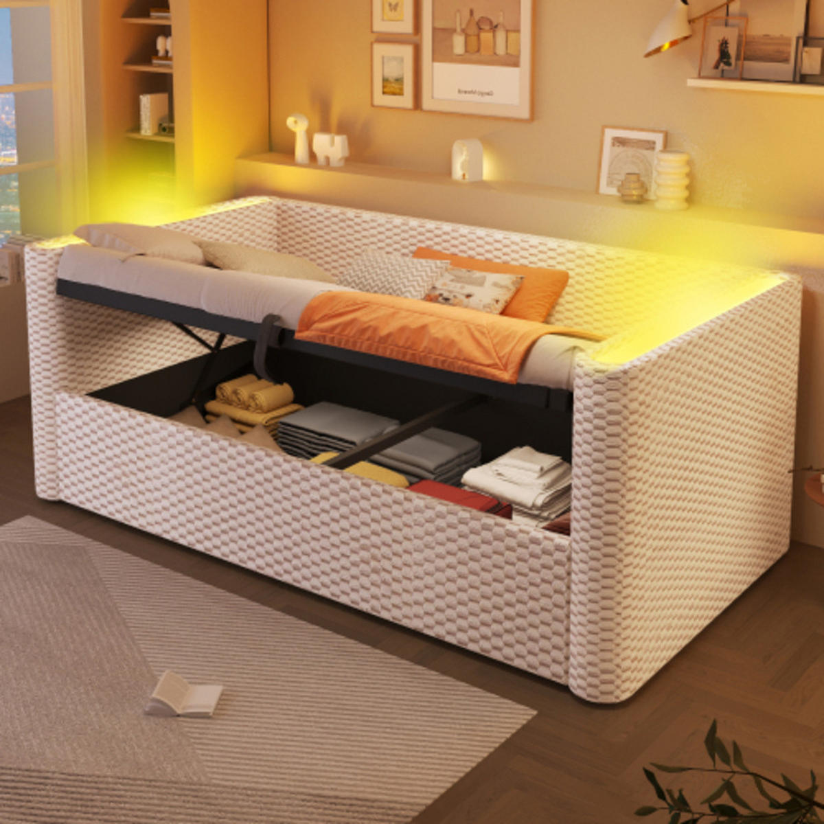 SCHLAFSOFA 90 × 200 cm aus Samt mit hydraulischem Stauraum und App-steuerbarer LED-Leiste, beige - Beige, Textil (104/64/228cm) - Luhomfu