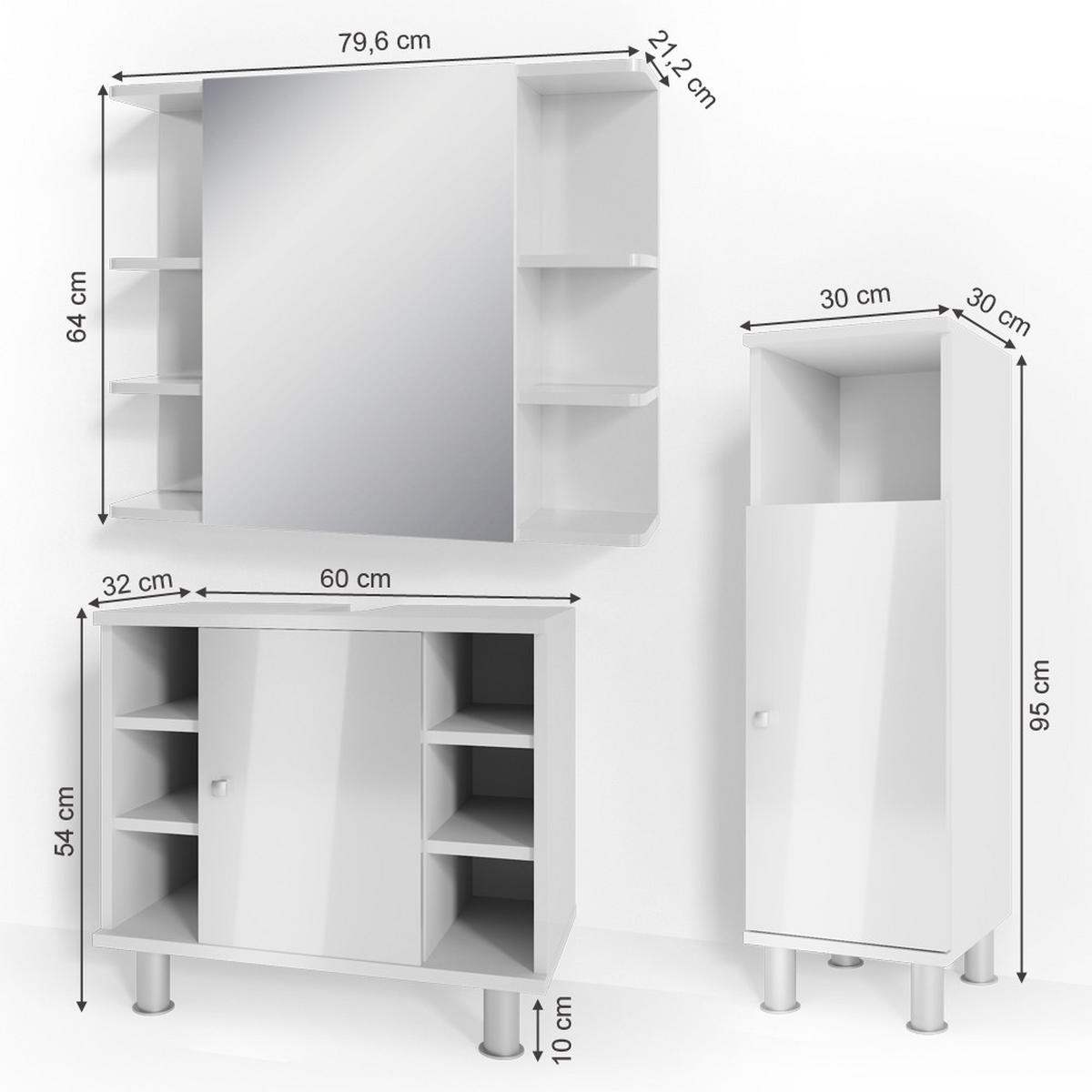 BADMÖBEL-SET Fynn Weiß Hochglanz 3 Teile, mit Midischrank - Weiß Hochglanz/Weiß, Holzwerkstoff (60/54/32cm) - Vicco