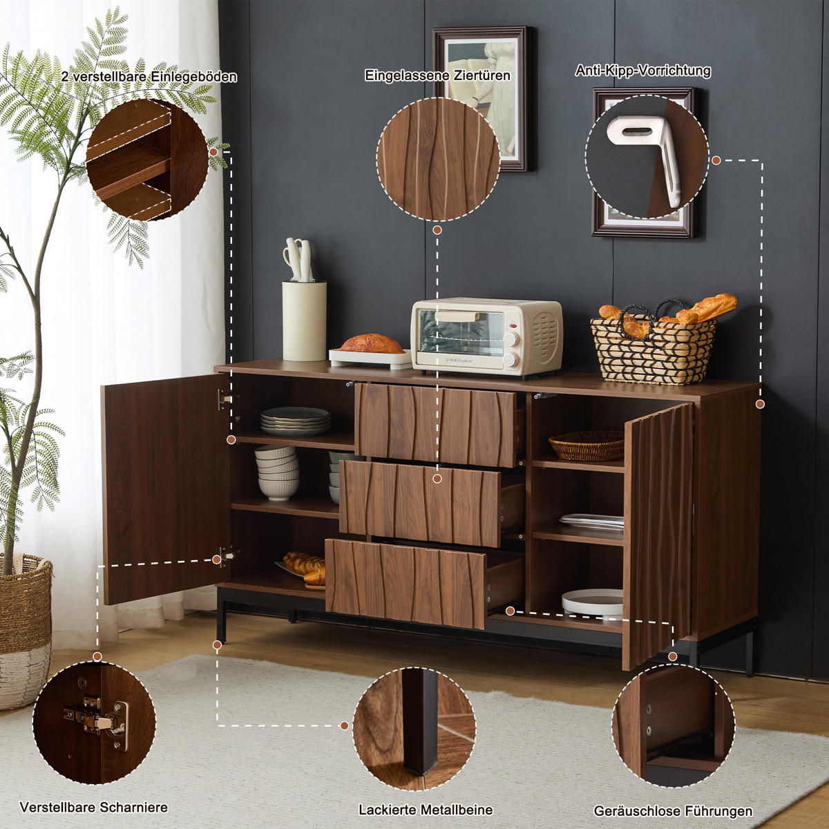 SIDEBOARD 150/40/80 cm Braun mit 3 Schubladen und einteilige Aussparung - Naturfarben, Holz (40/80/150cm) - Oxeza