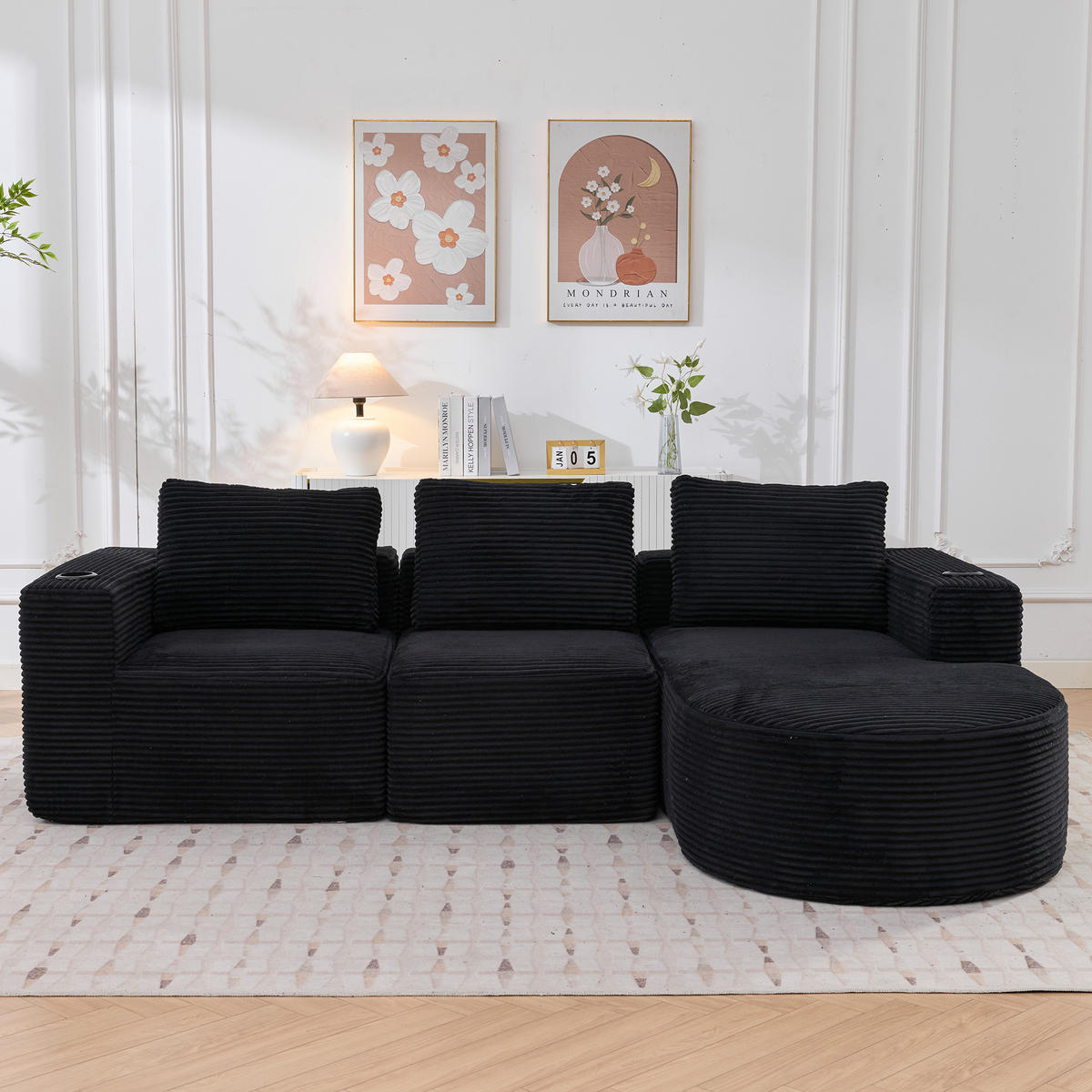 ECKSOFA Cord Schwarz mit 3 Kissen und 2 Becherhaltern - Schwarz, Textil (265/176cm) - WISHDOR