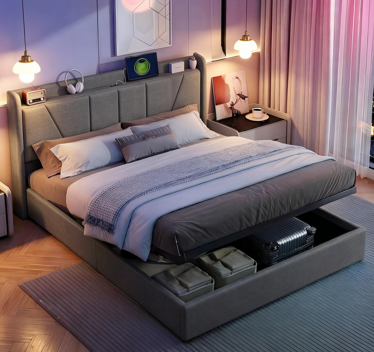 POLSTERBETT 160/200 cm mit USB-Ladefunktion & Stauraum,Doppelbett in Grau Leinen - Grau, Holz/Metall (160/200cm) - PARAFTA HOME