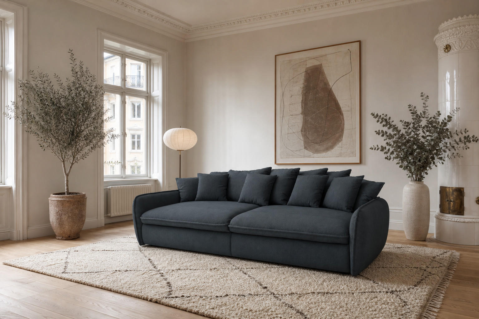BIGSOFA Hereford XXL Cord Türkis inkl. 12 Kissen 274/131/61 cm - Blaugrau, Kunststoff/Textil (274/61/131cm) - foamnova
