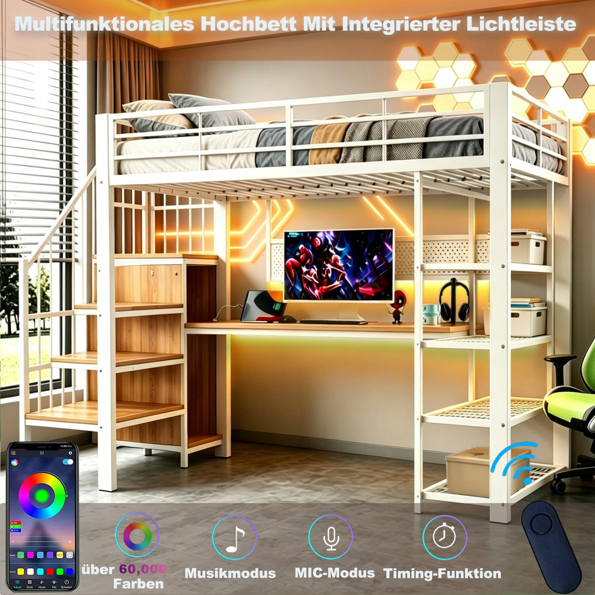 HOCHBETT 90/200 cm in Weiß aus Metall und Holz mit Stauraum, LED und Steckdosen - Weiß, Holzwerkstoff/Metall (90/200cm) - WISHDOR