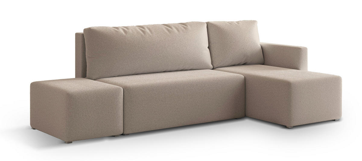 ECKSOFA VELOTTI R-S Beige Boucle-Stoff mit Schlaffunktion - Beige, Holz (261/143cm) - MASSENO