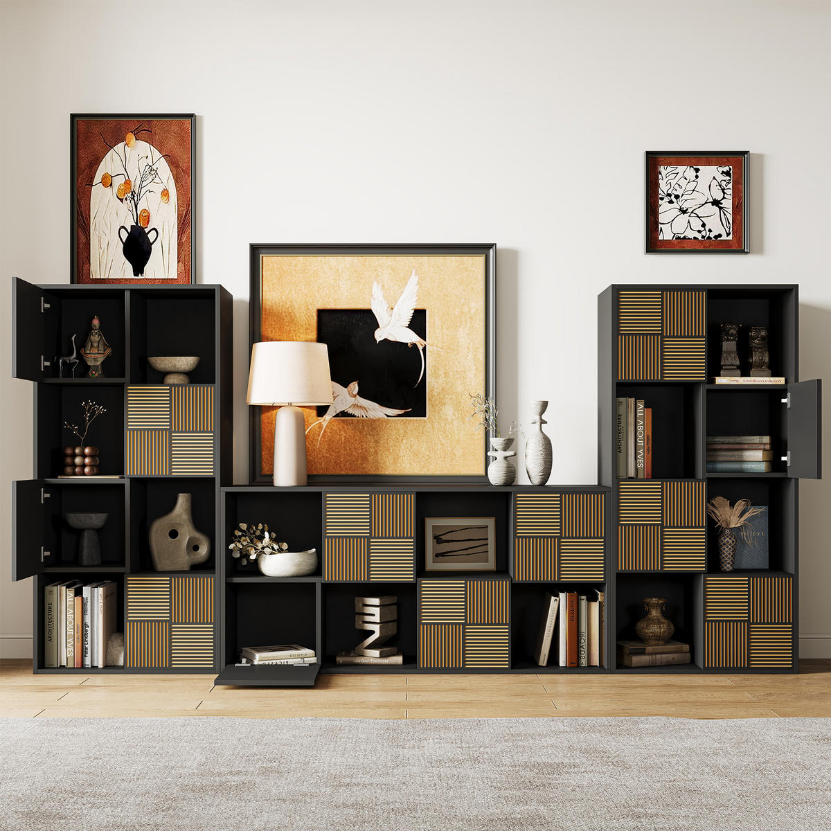 BÜCHERREGAL 125x30x60 cm Holz Lamellen Design Sideboard Aufbewahrung, Schwarz - Schwarz, Holz (60/125/30cm)