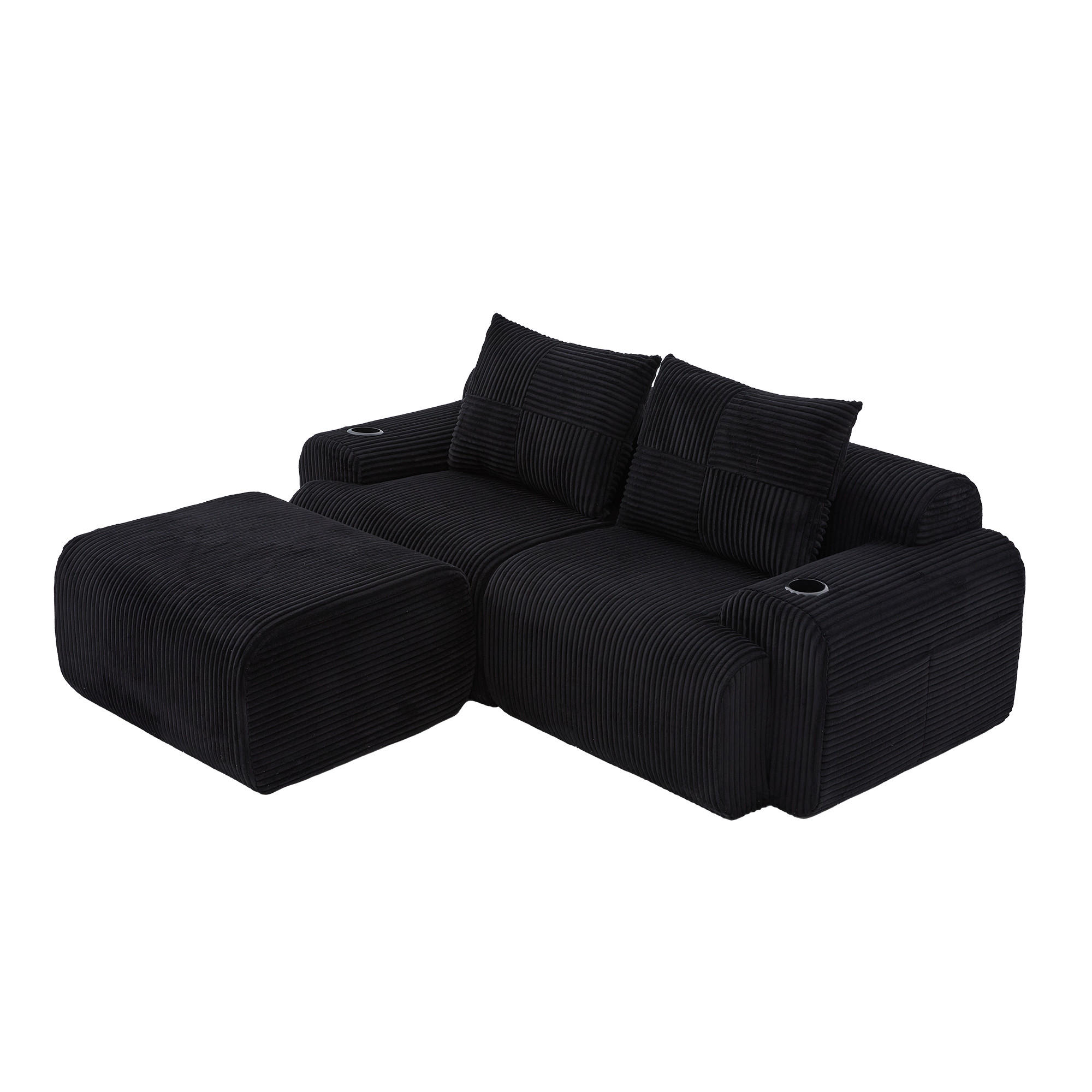 MODULARES 2-Sitzer Cordsofa mit Hocker Getränkehalter und Seitentasche 200/174/80 cm Schwarz - Schwarz, Textil (174/200cm) - Redom