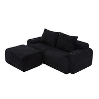 MODULARES 2-Sitzer Cordsofa mit Hocker Getränkehalter und Seitentasche 200/174/80 cm Schwarz - Schwarz, Textil (174/200cm) - Redom
