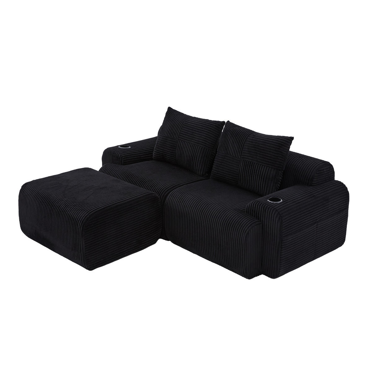 MODULARES 2-Sitzer Cordsofa mit Hocker Getränkehalter und Seitentasche 200/174/80 cm Schwarz - Schwarz, Textil (174/200cm) - Redom