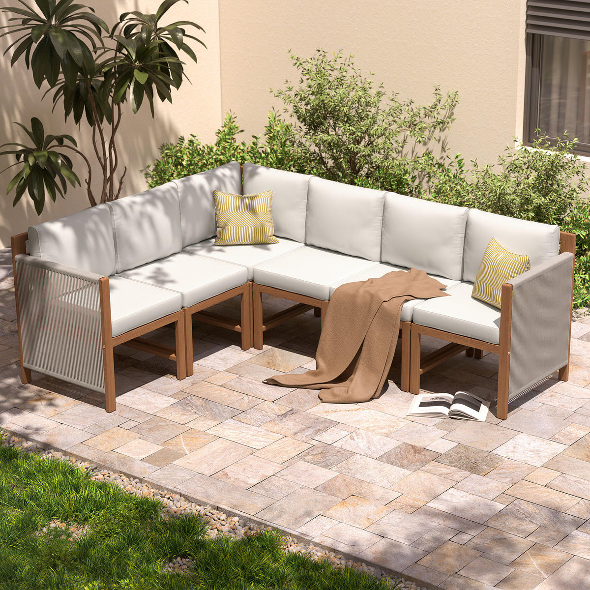 DINING-LOUNGESET - Akazie massiv / Polyester - Braun / Beige - 6-teilig - Beige/Braun, Holz/Textil - home24