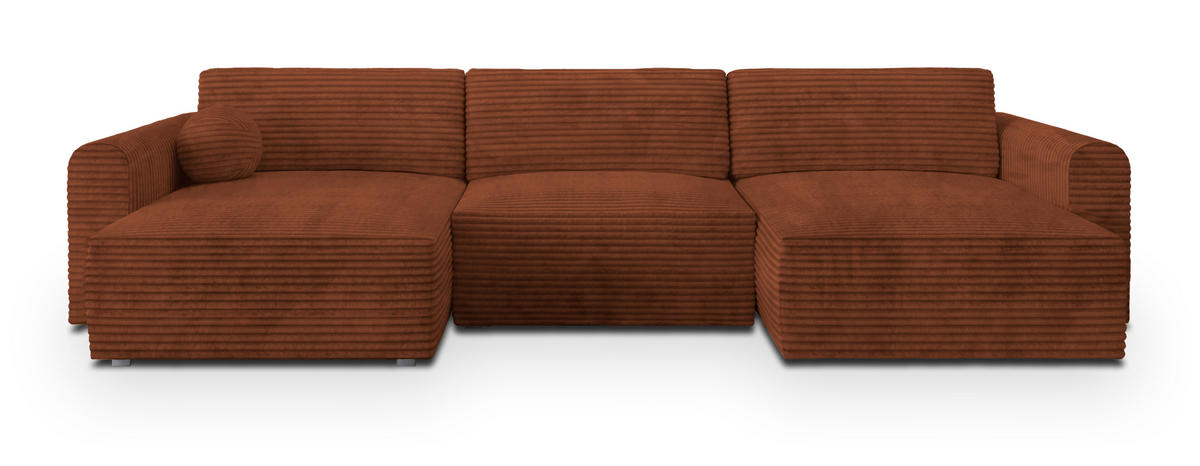 WOHNLANDSCHAFT FENTO Braun Kordstoff mit Schlaffunktion - Braun, Holz (347/90/148cm) - MASSENO