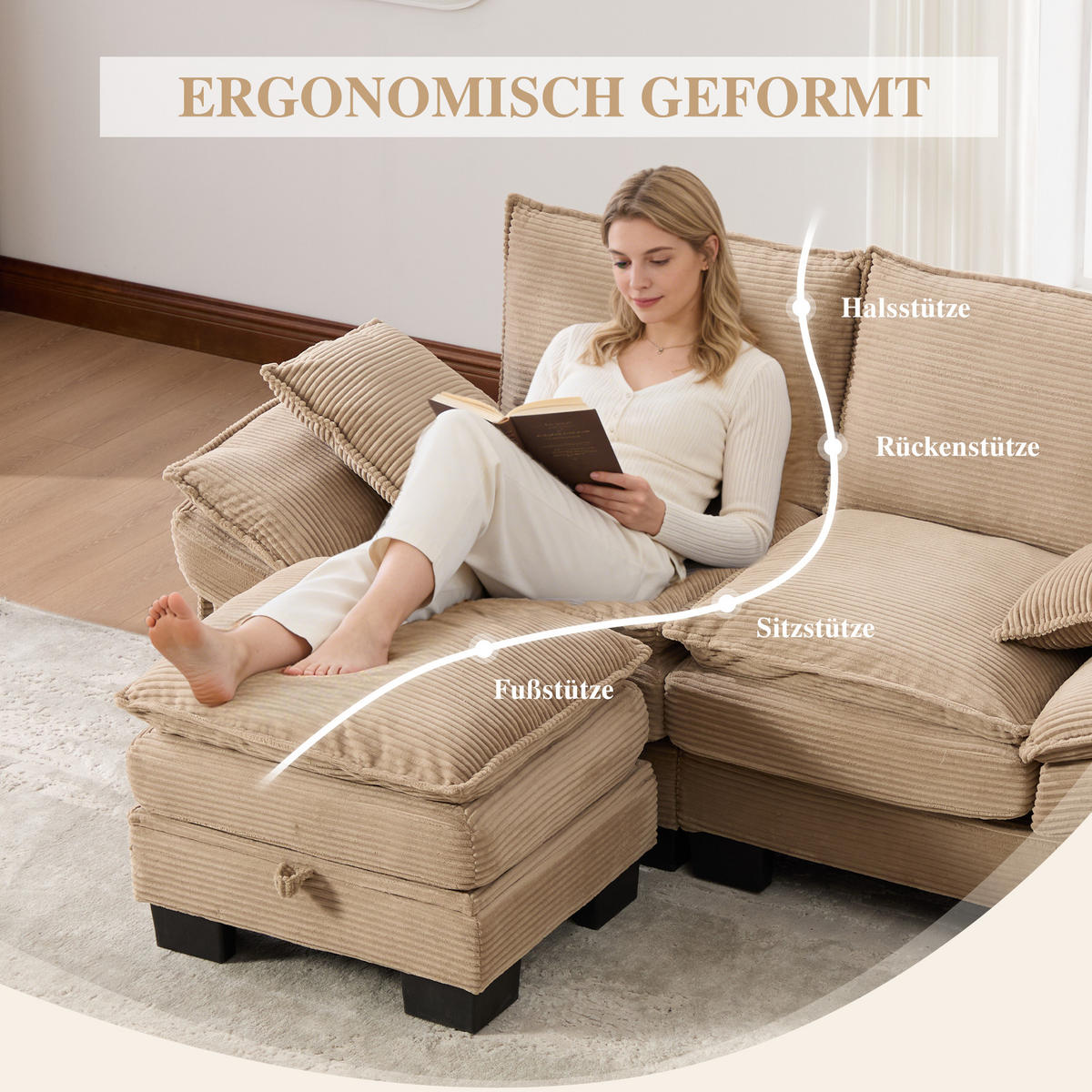 2-SITZER SOFA Cord Khaki mit Hocker, USB-C und Seitentaschen - Hellbraun, Holzwerkstoff/Kunststoff (190/132cm) - WISHDOR