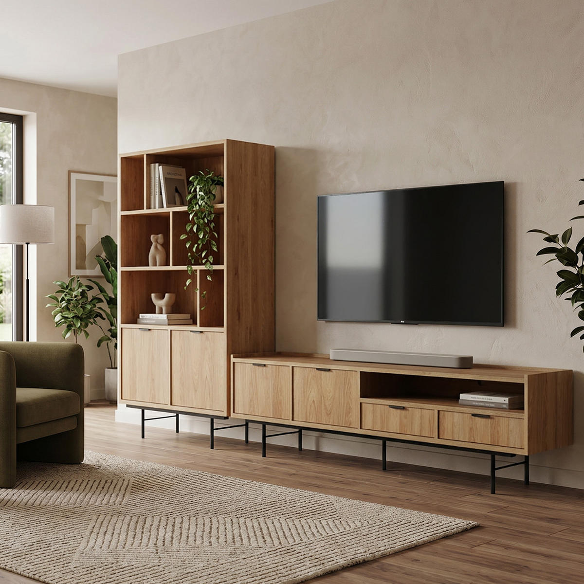WOHNWAND Evron 2-teilig Bücherregal 90 cm + TV-Board 200 cm, Hikora Eiche - Eichefarben/Schwarz, Holzwerkstoff/Metall (200/185/35cm) - Beautysofa