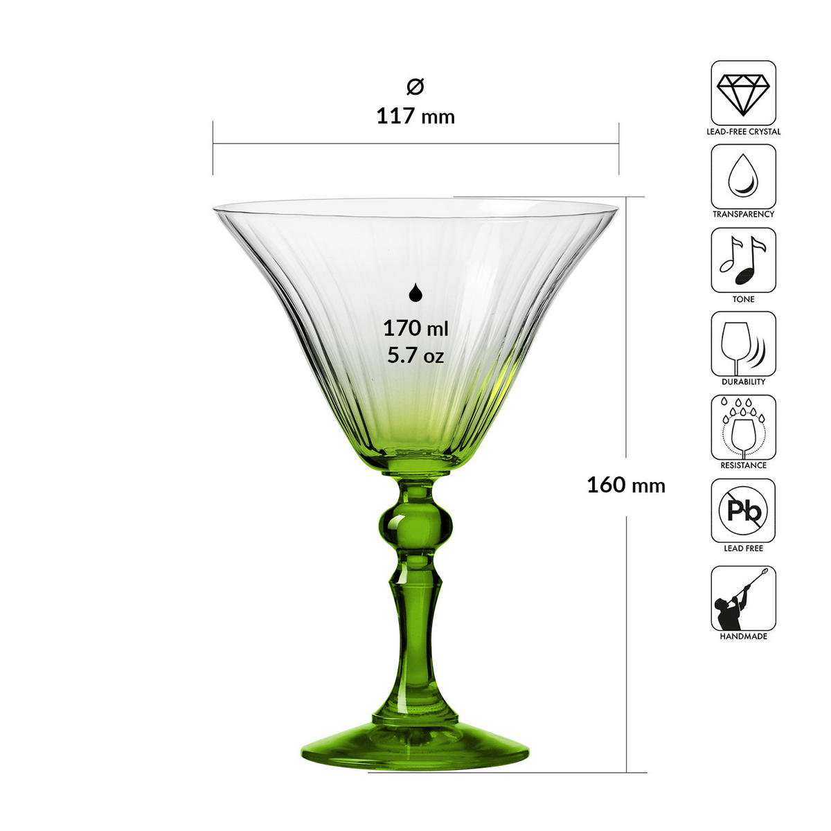 COCKTAILGLÄSER BUBBLE CELEBRATION MOMENTS MIT HELLGRÜNEM STIEL, 2ER-SET, 170 ML - Transparent/Hellgrün, Glas (0.17L) - Krosno Glass