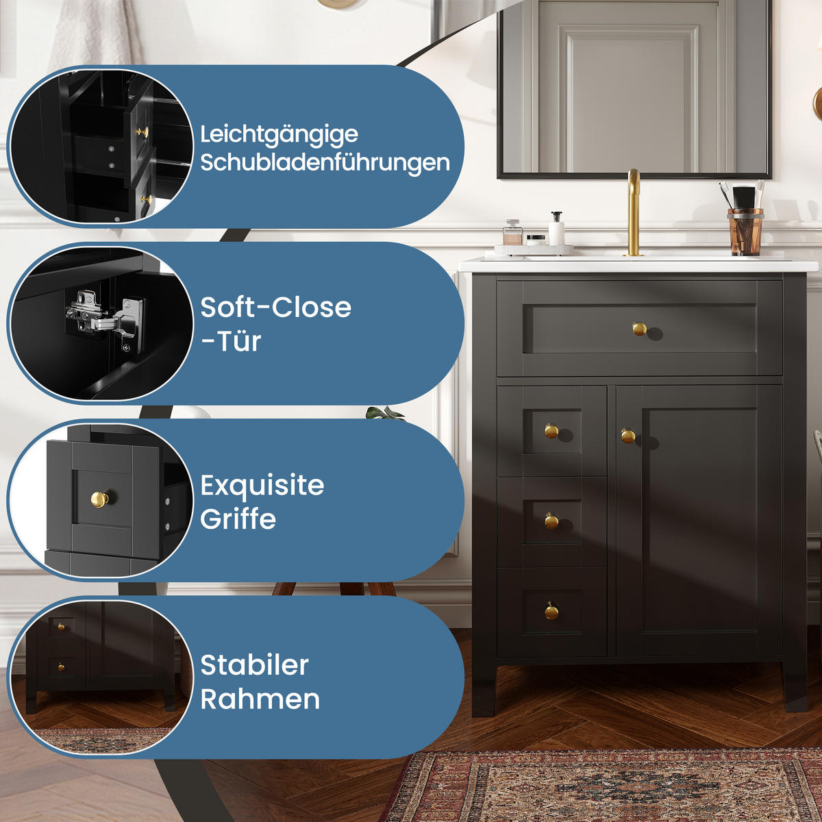 BADEZIMMERSCHRANK Schwarz Hochglanz 4 Schubladen Tür 61cm - Schwarz, Keramik (61/86/47cm) - FLIEKS