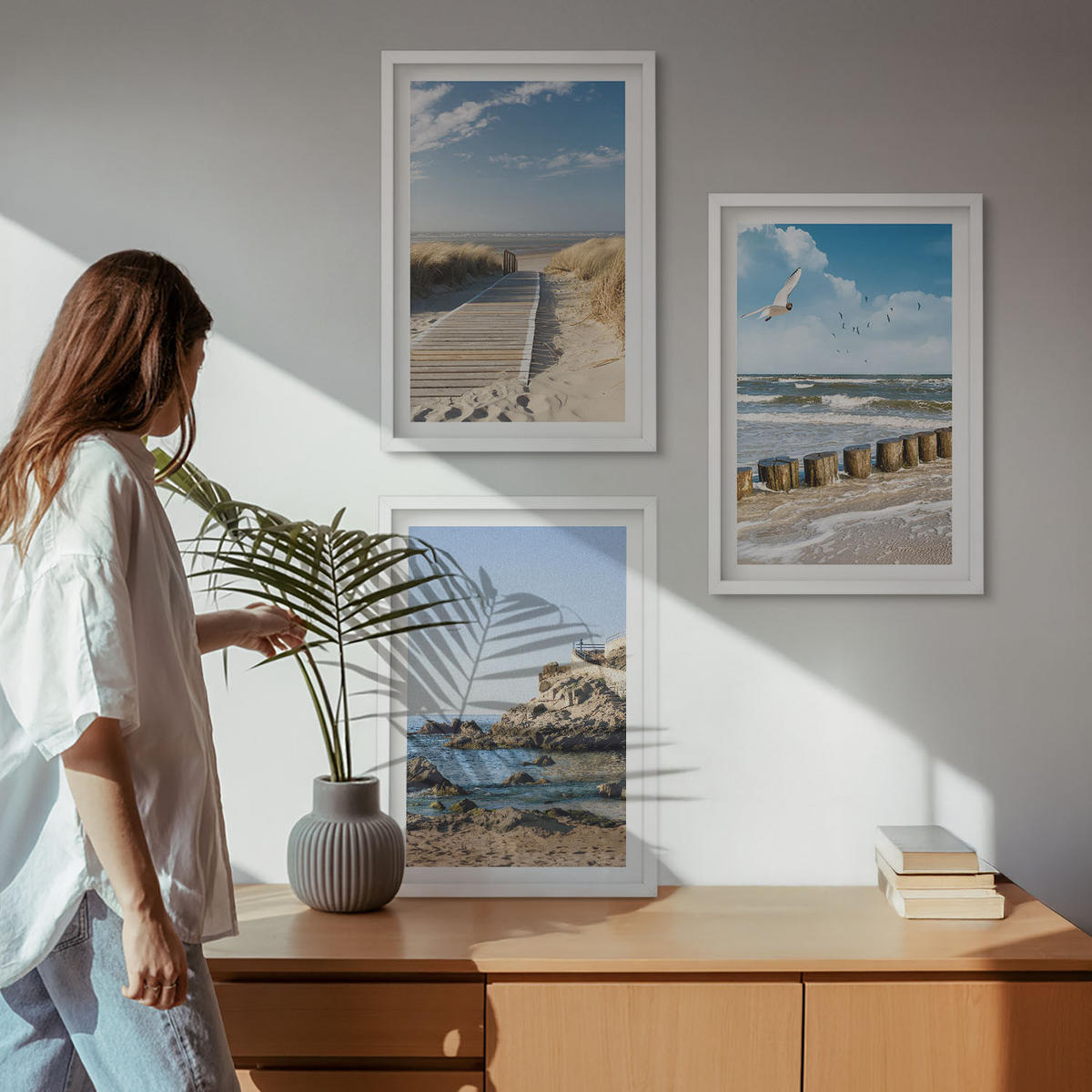WANDBILDER 3er-Set - 40x60 cm Weißer Rahmen - Strand Holzsteg Klippen - Weiß, Kunststoff (40/60cm) - ArtPrintCave
