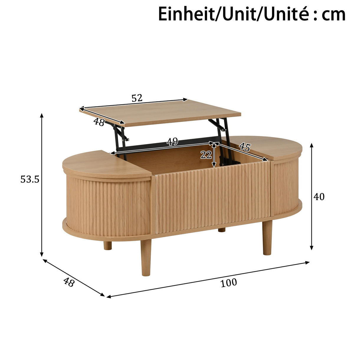 COUCHTISCH 100/48/53,5 cm mit höhenverstellbarer Tischplatte, Stauraum und ovalem Design aus MDF, Eiche - Eichefarben, Holzwerkstoff (100/48/53.5cm) - Modfu