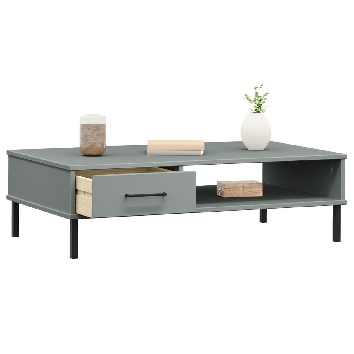 COUCHTISCH OSLO mit Metallbeinen Grau Massivholz Kiefer - Grau, Holz (100/55/29cm) - furnicato