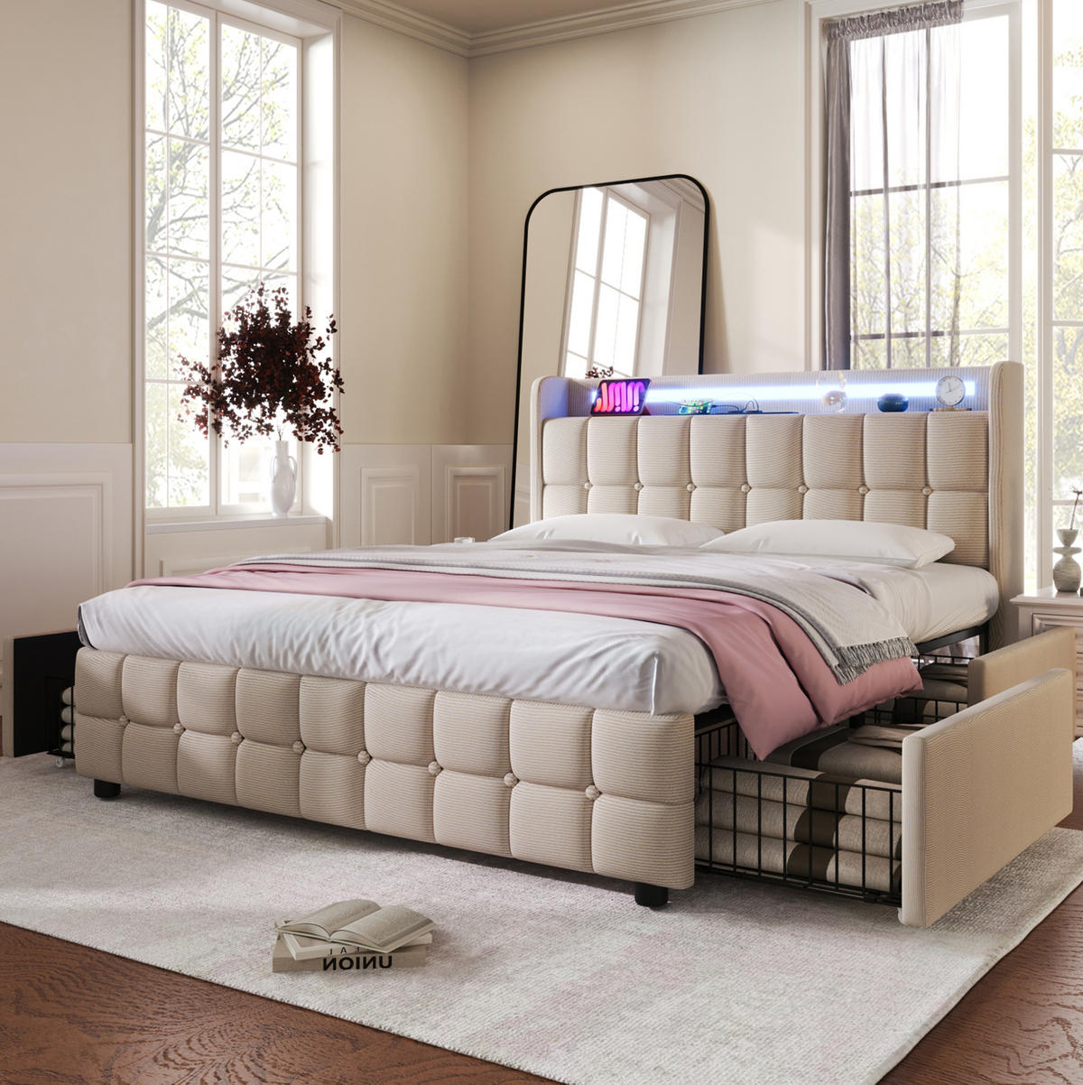 POLSTERBETT mit LED-Beleuchtung 180/200 cm mit USB und 4 Schubladen Beige - Beige, Holz (180/200cm) - BEAOK