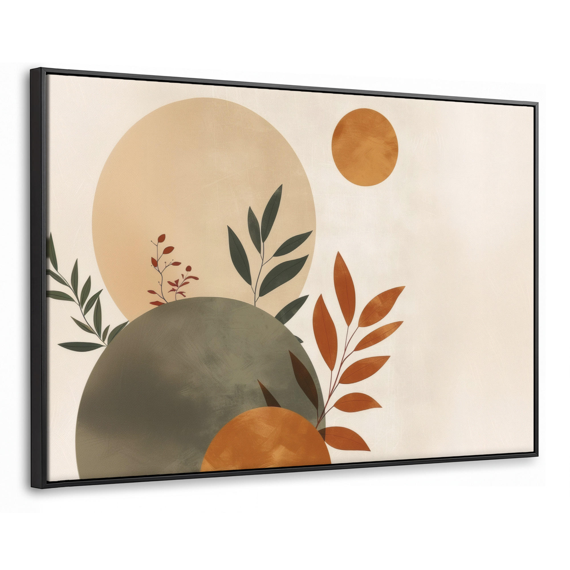 LEINWAND Bilder mit Rahmen - Formen - Rund - Blätter - Beige - 150x100 - Rostfarben, Textil (150/100cm) - MuchoWow
