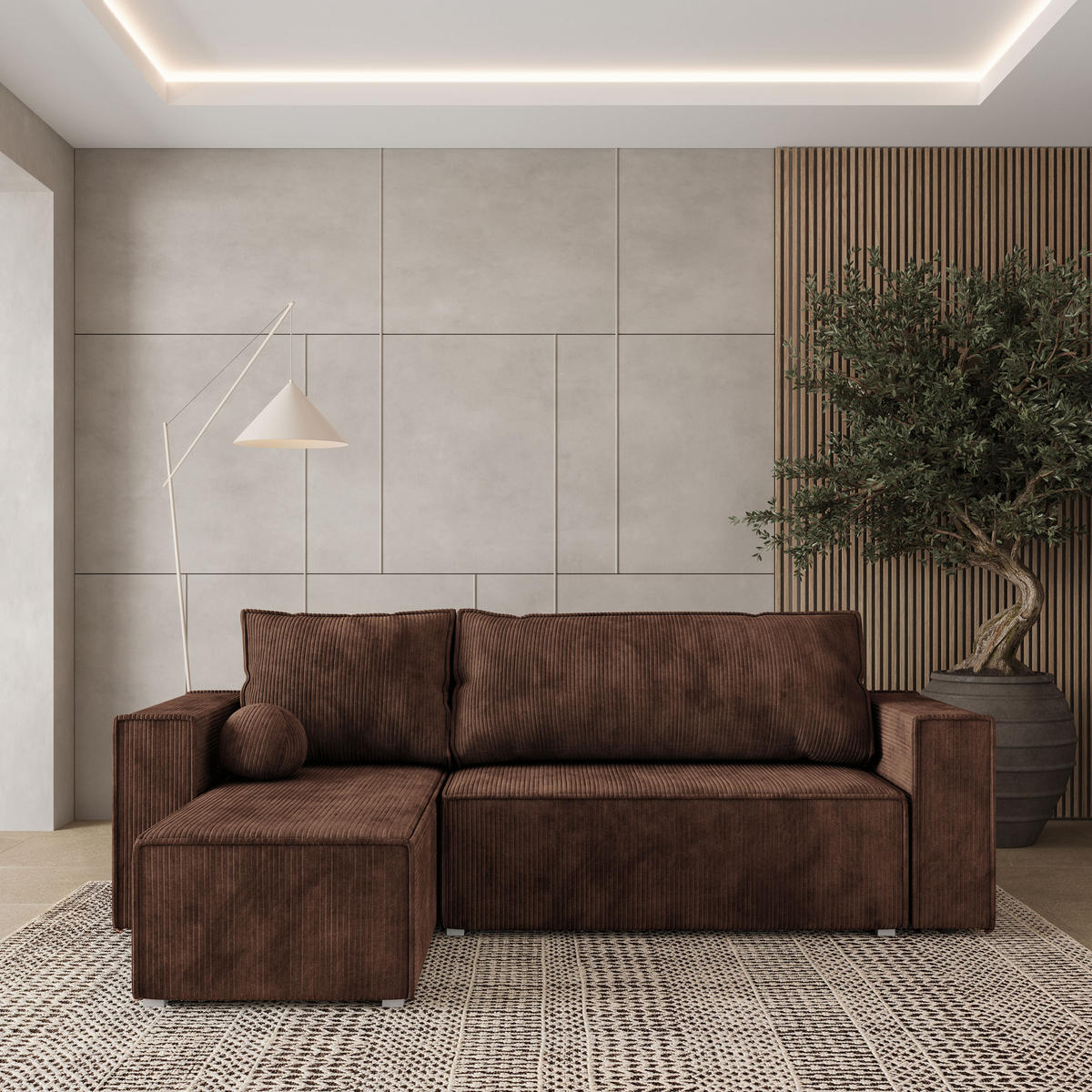 ROHOVÁ SEDAČKA RAVELO hnědá - šedá/hnědá, dřevo/textil (240/140cm) - MASSENO