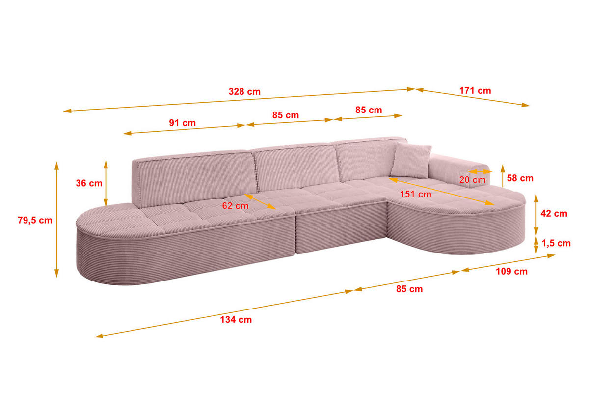 ECKSOFA Ottomane Rechts TARO-L2 - 328x171x79,5 cm Rosa - Rosa, Holzwerkstoff/Textil (328/171cm) - ALTDECOR