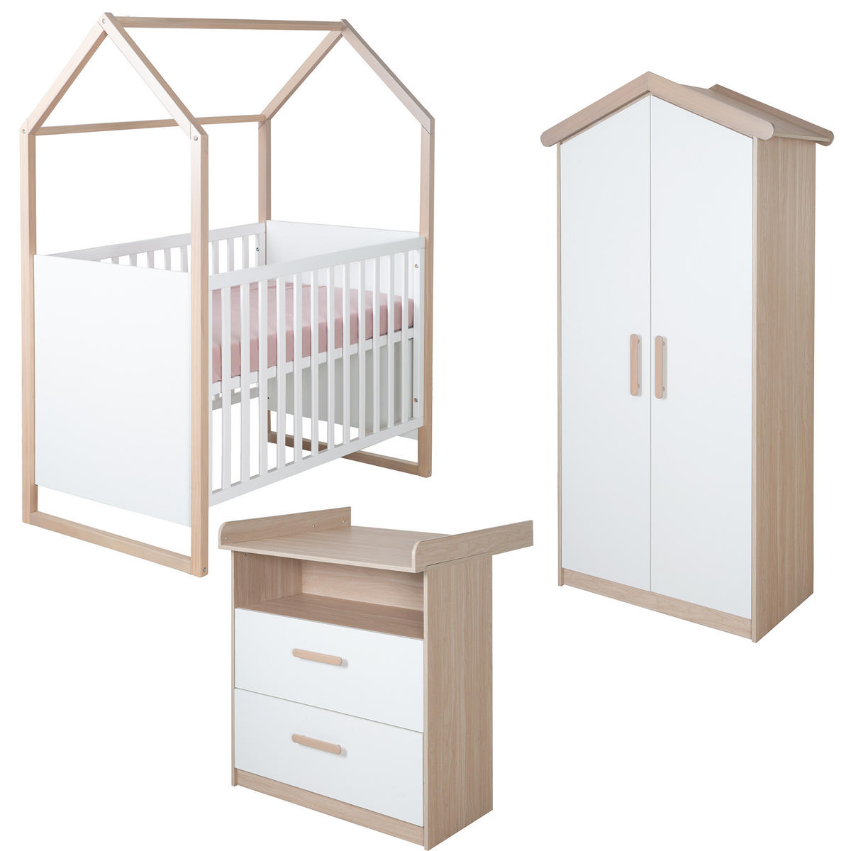 BABYZIMMER SET Cabane 3-teilig - Eichefarben/Weiß, Holz/Holzwerkstoff (96/190/50cm) - Roba