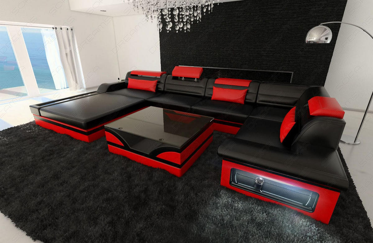 SOFA Mezzo U Schwarz Rot Echtleder - Schwarz, Leder (372/78/214cm)