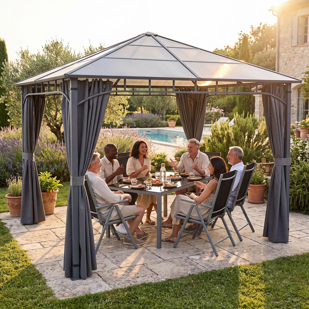 GARTENPAVILLON Caracas, inklusive 8 Heringen, grau - Grau, Metall (300/263/300cm) - tectake