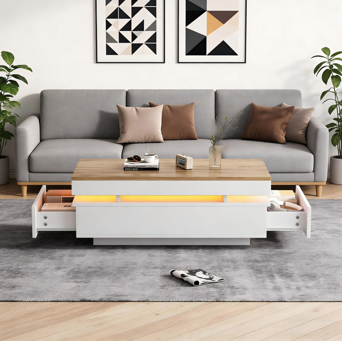 COUCHTISCH aus Spanplatte 100x50x35 cm Weiß/Holzton mit 2 Schubladen und LED-Beleuchtung - Weiß, Holzwerkstoff (100/50/35cm) - IVMEU