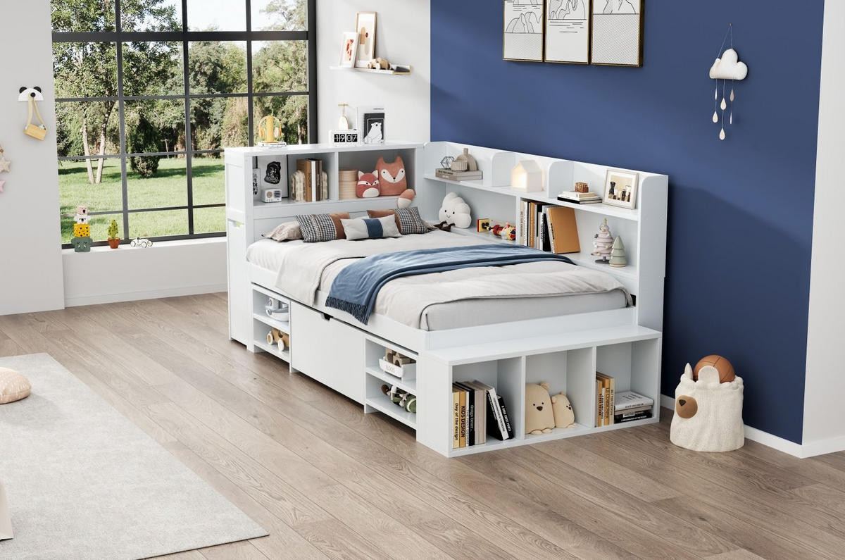 KINDERBETT 90/200 cm Weiß aus Sperrholz mit Stauraum - Weiß, Holz (90/200cm) - OKMYHOME