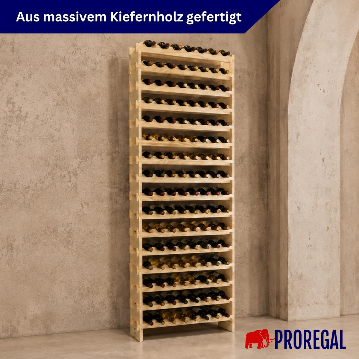 WEINREGAL NAVARRA aus Holz 219x84x28cm 128 Flaschen auf 16 Ebenen Natur unbehandelt - Naturfarben, Holz (84/219/28cm) - PROREGAL